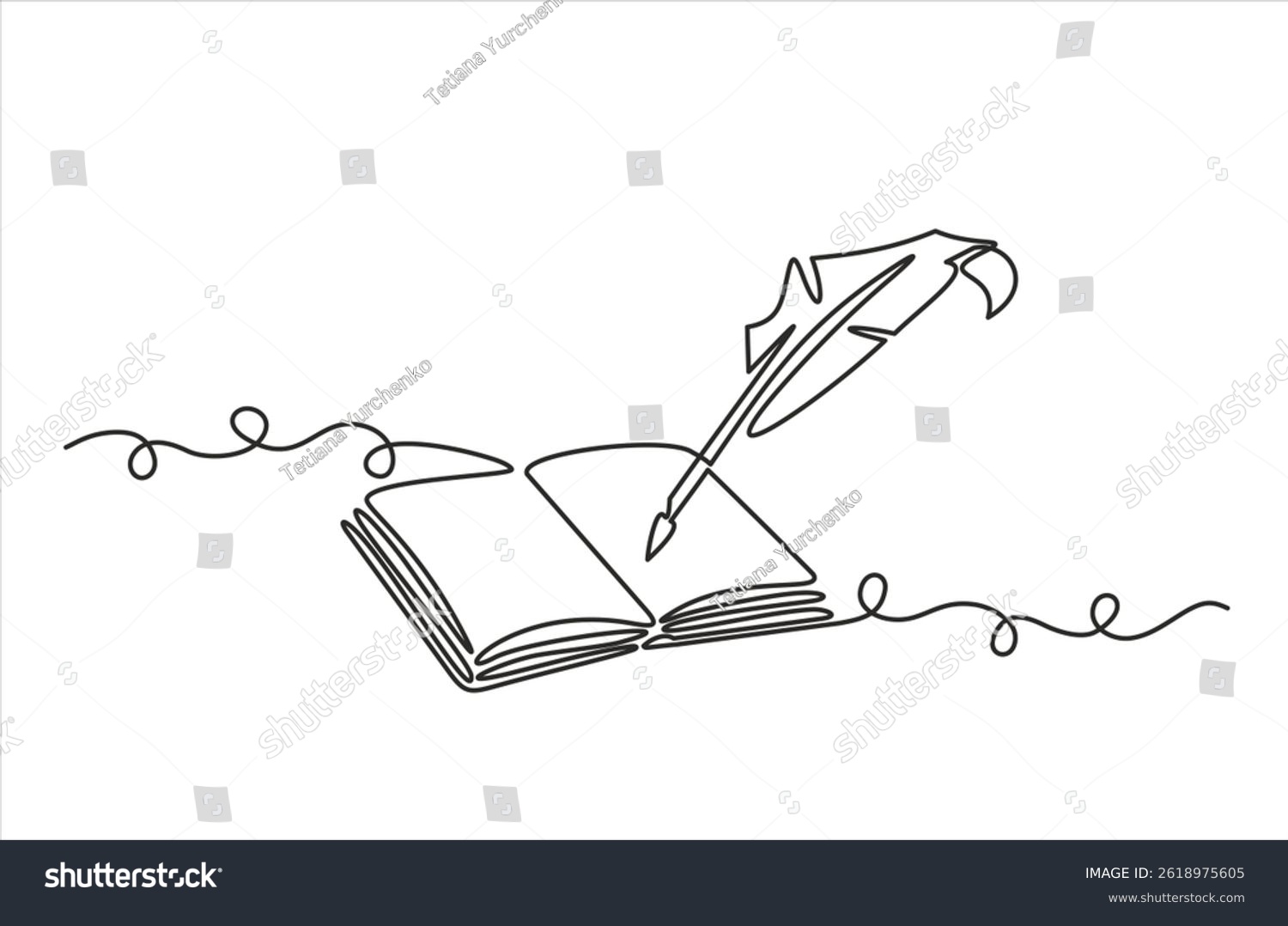 recommend clip art: World Poetry Day. Abstract antique ink pen for writing and open book, continuous single one line art hand drawing sketch logo. Editable stroke.