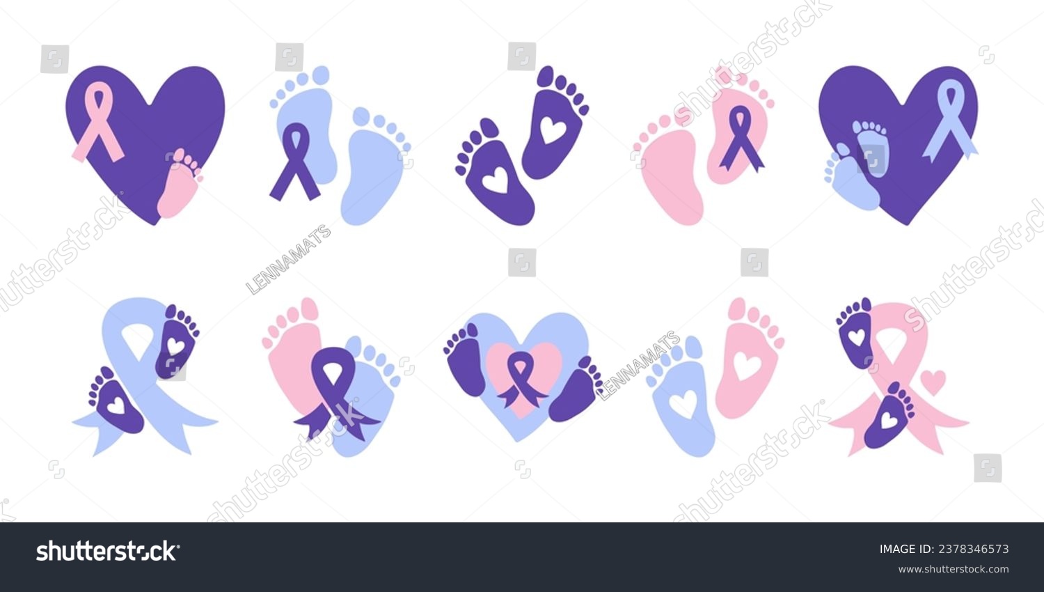 SVG of World Prematurity Day set. Purple awareness ribbon. Prematurity Month sign symbol. Premature babies vector illustration. Baby feet, awareness ribbon and heart elements. Baby footprints. svg