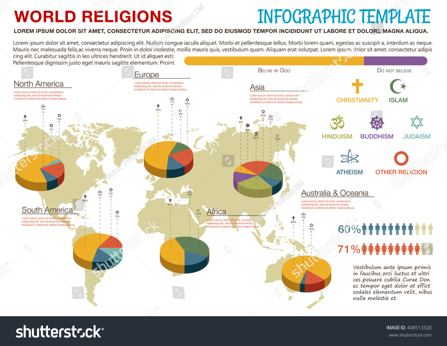 World Religions Infographics With Map And Pie Charts, Statistics ...