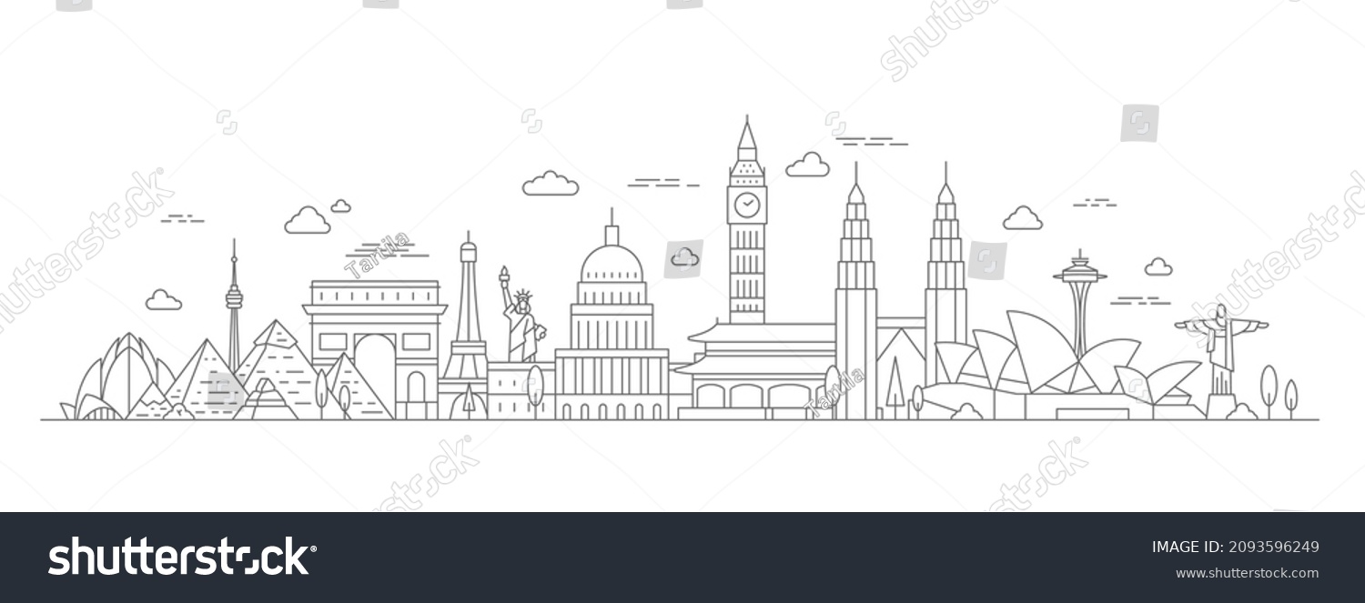 SVG of World travel tour line concept with famous culture landmark. Tourism journey places, countries and cities ancient monuments vector landscape. Illustration of travel monument drawing svg
