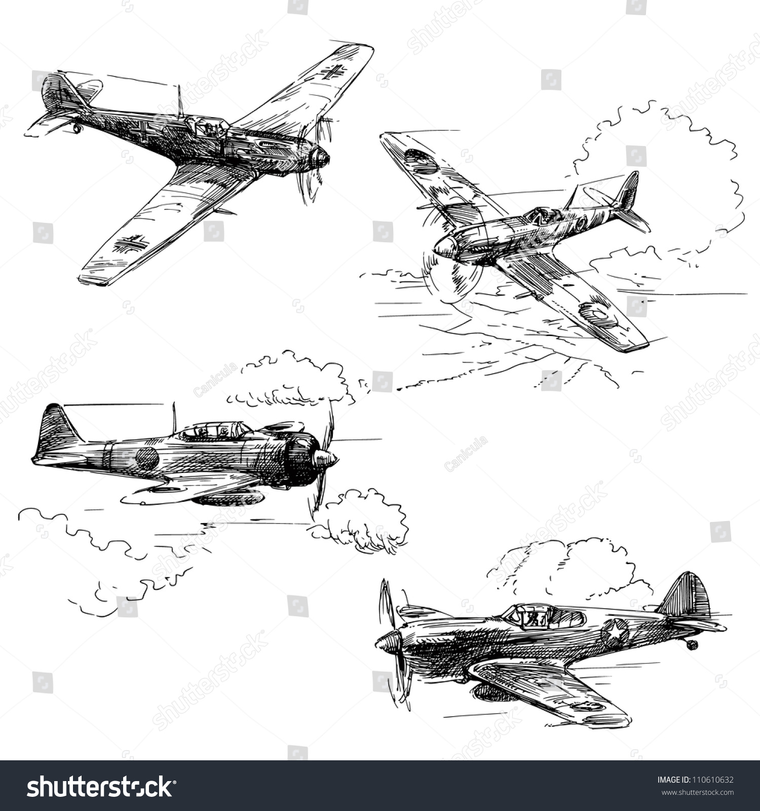 World War Aircraft - Hand Drawn Collection Stock Vector Illustration ...