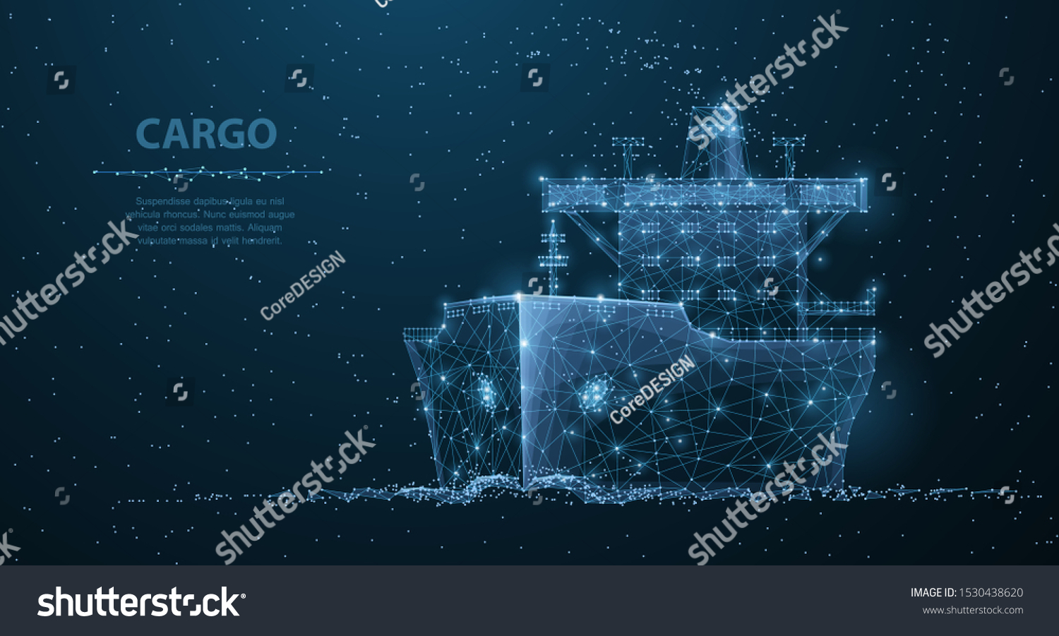 SVG of Worldwide cargo ship. Polygonal wireframe mesh art looks like constellation on dark blue night sky with dots and stars. Transportation, logistic, shipping concept illustration or background svg