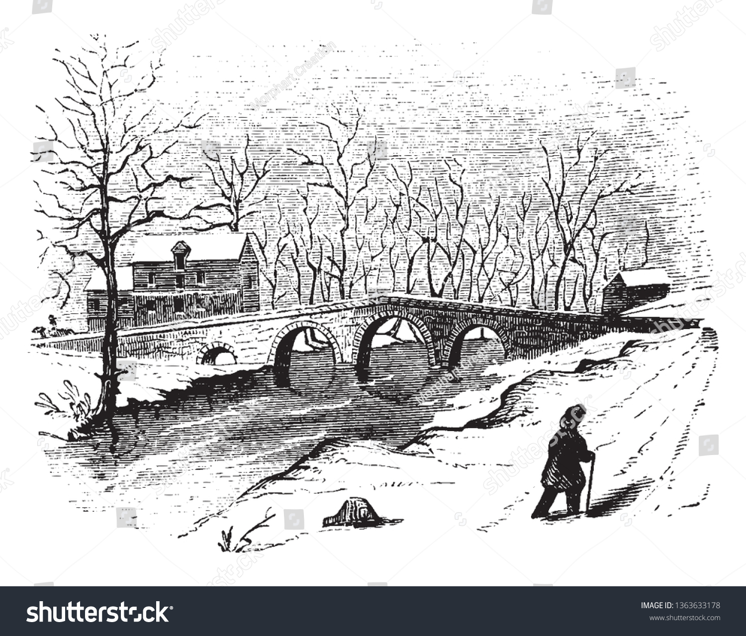 SVG of Worth Mills are substantial stone bridge over Stony Brook is upon the site of the wooden one destroyed on the 3d of January 1777, vintage line drawing or engraving illustration. svg