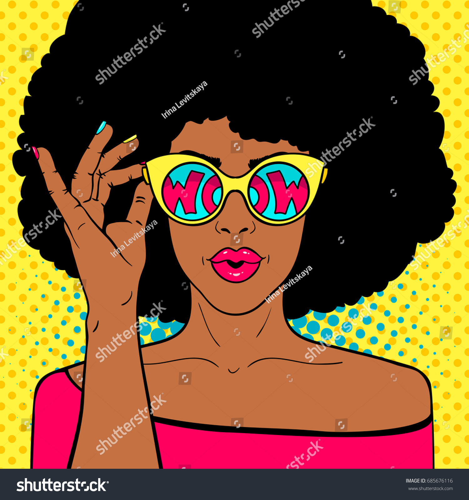 うわ ポップアートの顔 セクシーな驚きの黒人女性で アフローの髪を持ち サングラスを手に持つ口を開き 反射にわめきが刻まれている ポップアートのレトロな漫画スタイルのベクター画像のカラフルな背景 のベクター画像素材 ロイヤリティフリー