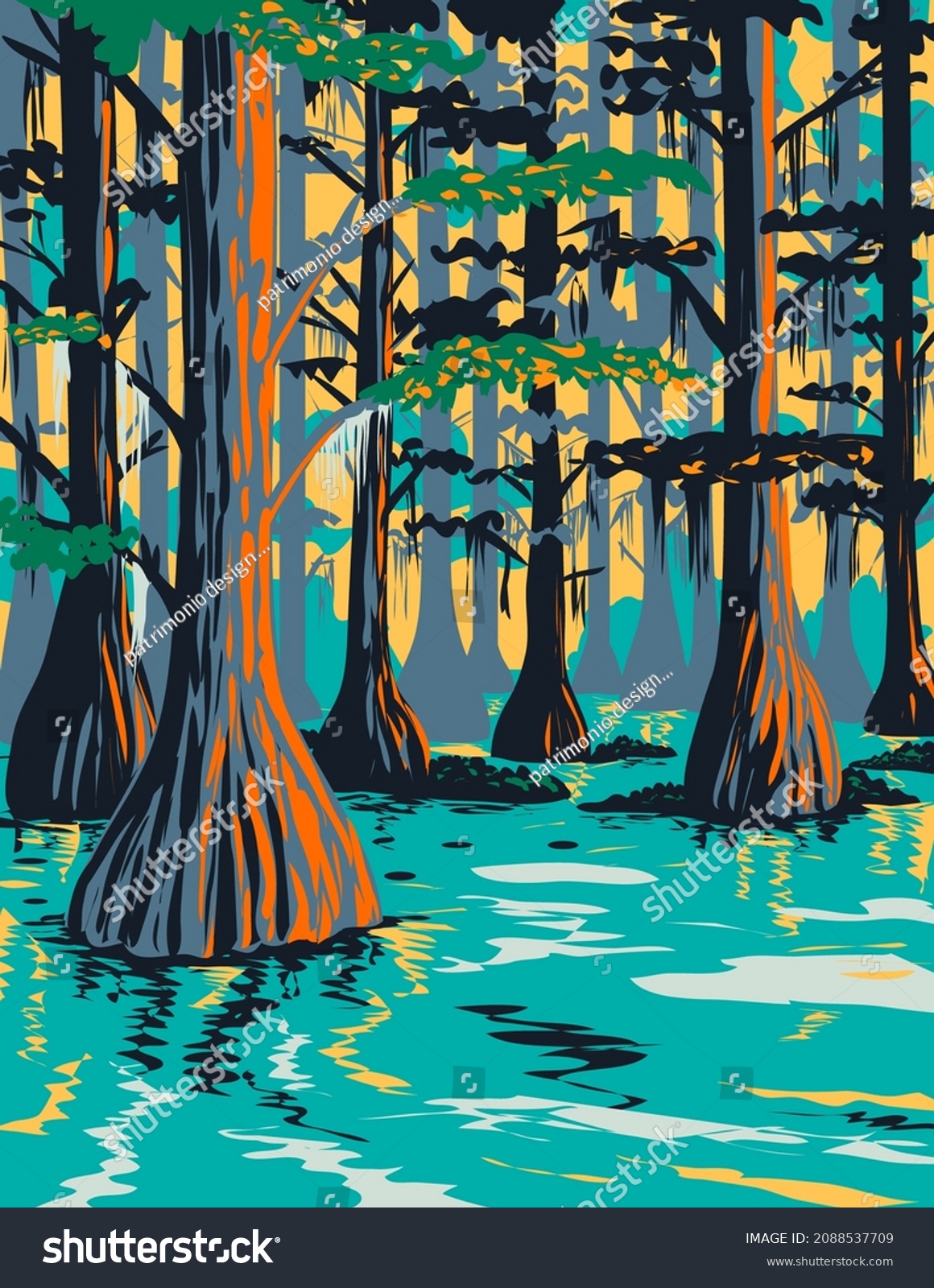 SVG of WPA poster art of Caddo Lake State Park with bald cypress trees on lake and bayou in Harrison and Marion County East Texas, United States of America USA done in works project administration style. svg