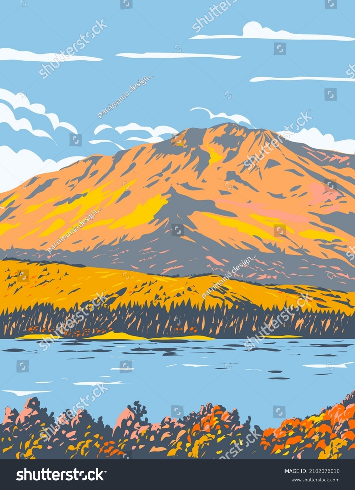 SVG of WPA poster art of Fallen Leaf Lake during fall in El Dorado County, California near California Nevada state border south west of Lake Tahoe, United States done in works project administration style. svg