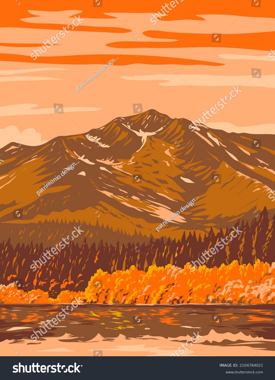 SVG of WPA poster art of Fallen Leaf Lake from Taylor Creek Trail in the fall in El Dorado County, California south west of Lake Tahoe, United States done in works project administration style. svg
