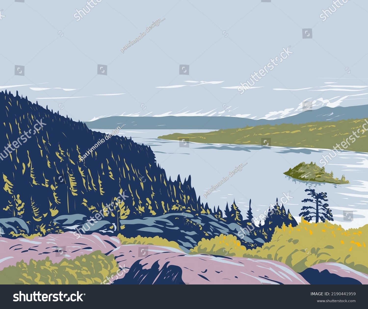 SVG of WPA poster art of Fannette Island in Lake Tahoe within Emerald Bay State Park in California, United States, USA done in works project administration style or federal art project style. svg