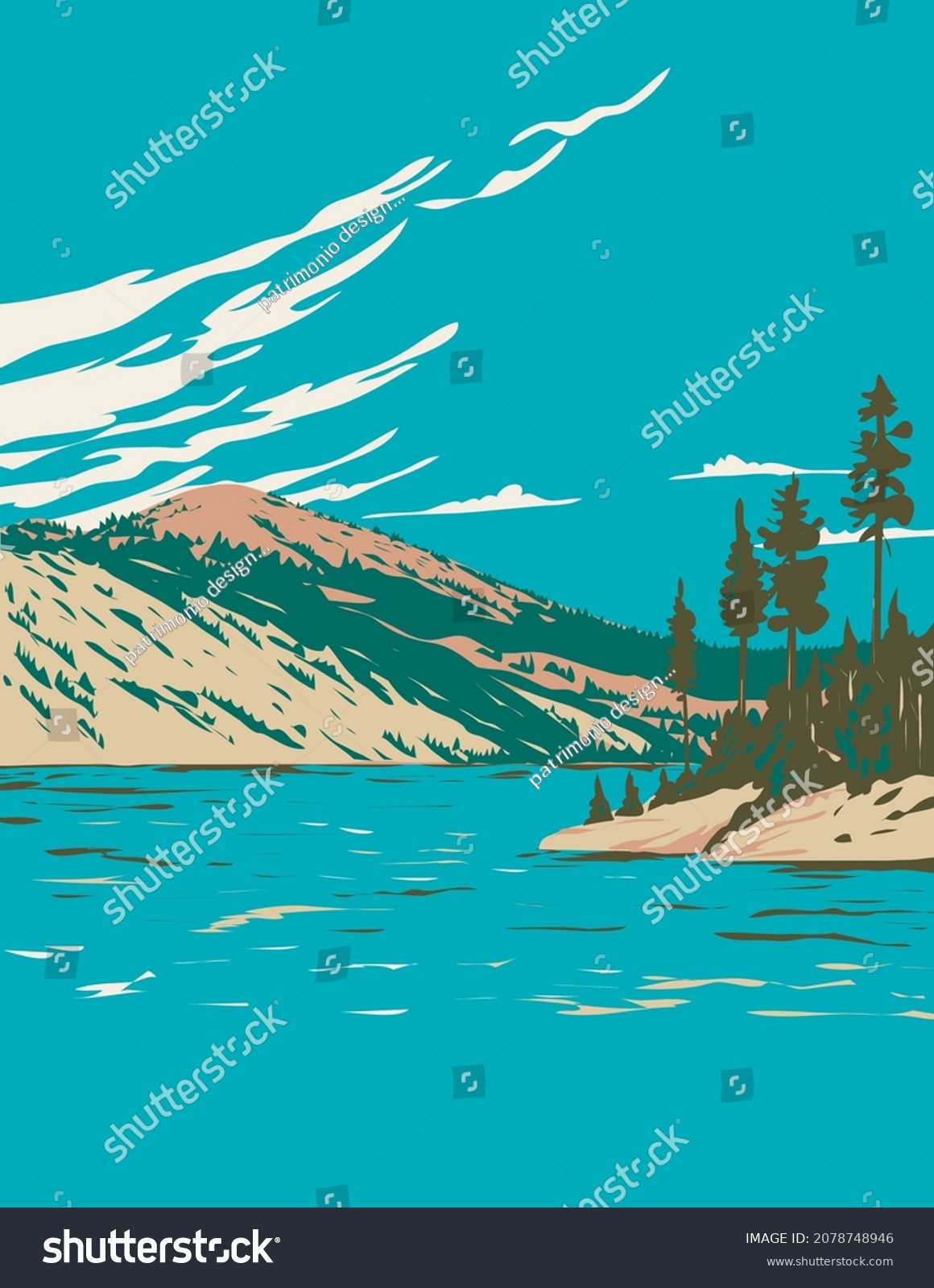 SVG of WPA poster art of Lake Tahoe-Nevada State Park with Marlette Lake and Hobart Reservoir located in Nevada, United States of America USA done in works project administration style. svg