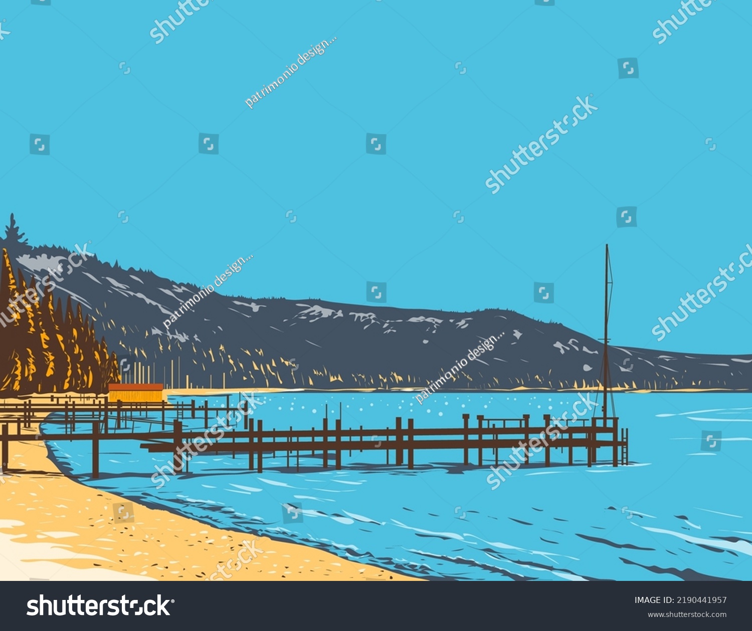 SVG of WPA poster art of McKinney Bay on the shore of Lake Tahoe in Placer County in the Sierra Nevada mountains of northern California, United States USA done in works project administration style. svg