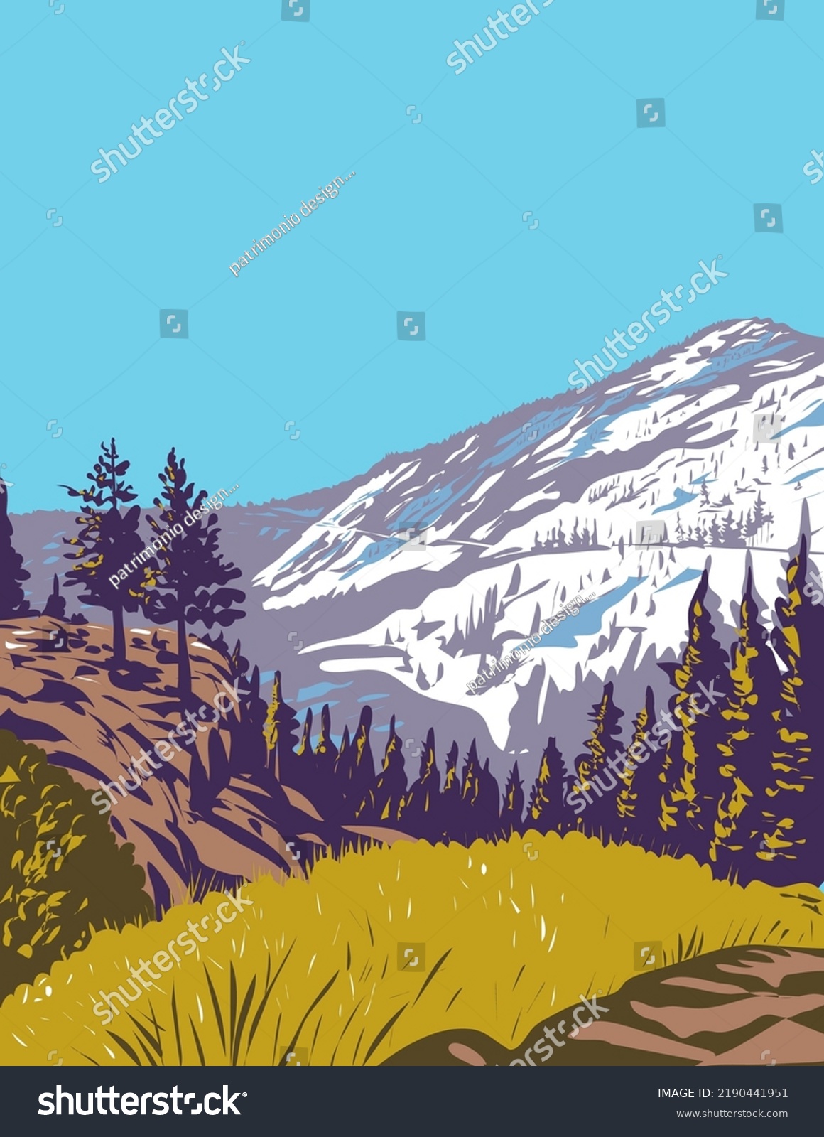 SVG of WPA poster art of Phipps Peak in the Sierra Nevada west of Emerald Bay and Lake Tahoe in El Dorado County and the Desolation Wilderness, California, USA done in works project administration style. svg