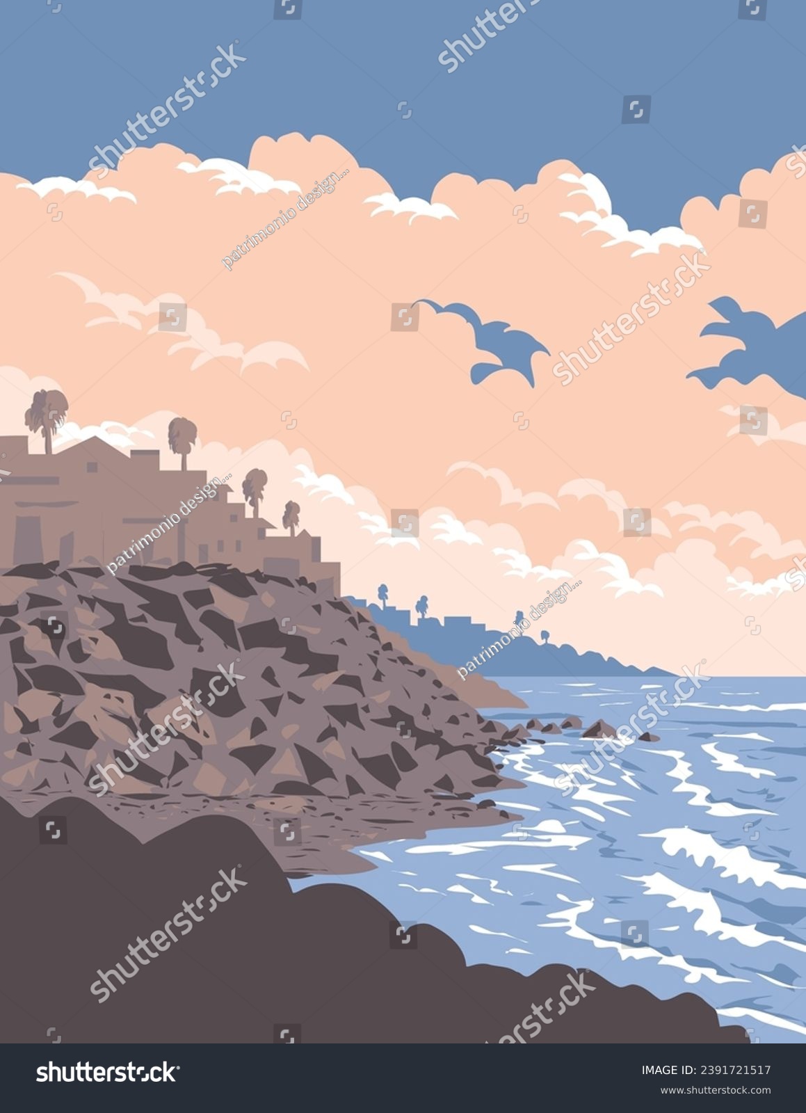 SVG of WPA poster art of surf beach at Buccaneer Beach in Buccaneer Beach Park in the southern part of Oceanside, California, United States USA done in works project administration. svg