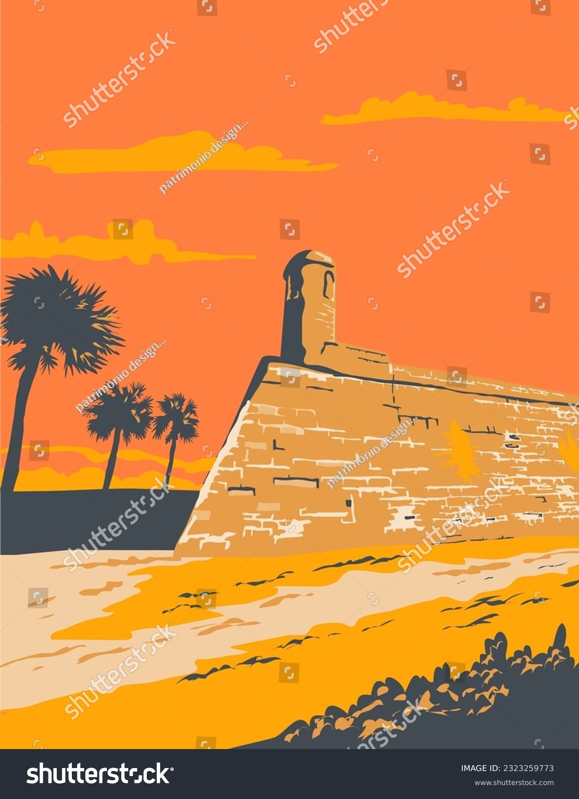 SVG of WPA style illustration of Fort Marion in St. Augustine Florida, United States the oldest place of European settlement on the North American Continent done in retro works progress administration style. svg