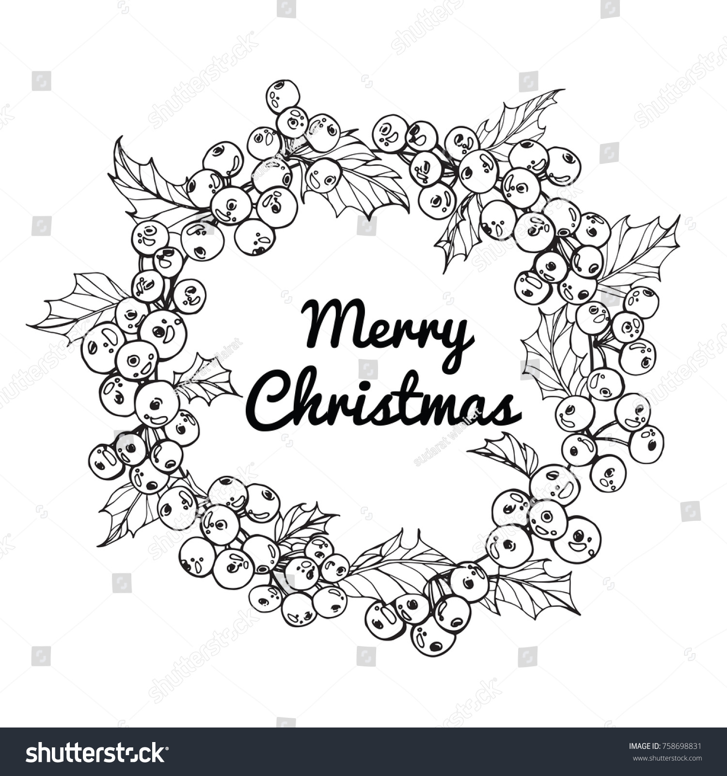 Wreath for Merry Christmas day With line art black and white illustration