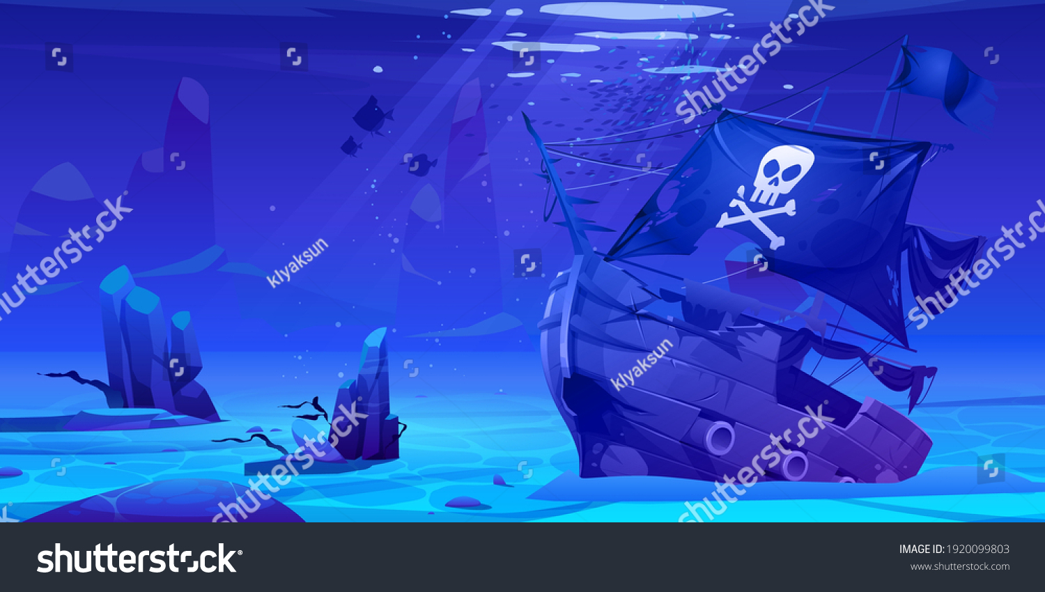 SVG of Wreck pirate ship, sunken filibuster vessel, wooden boat with jolly roger flag on ocean sandy bottom with sun beams falling from above, underwater world pc game background. Cartoon vector illustration svg