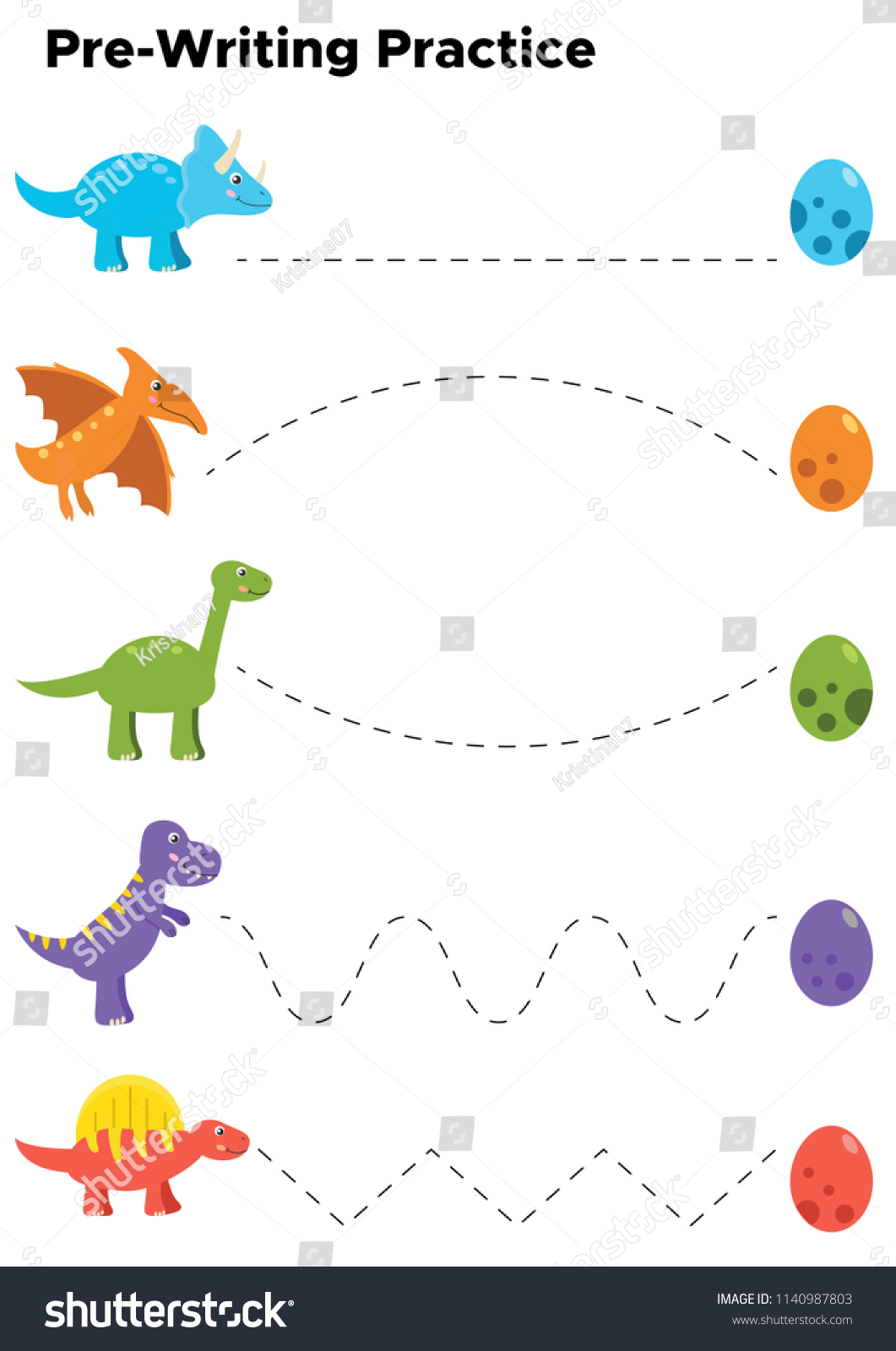 未就学児向けの書き方の練習 かわいい恐竜と卵を使ったトレースラインワークシート ベクターイラスト のベクター画像素材 ロイヤリティフリー