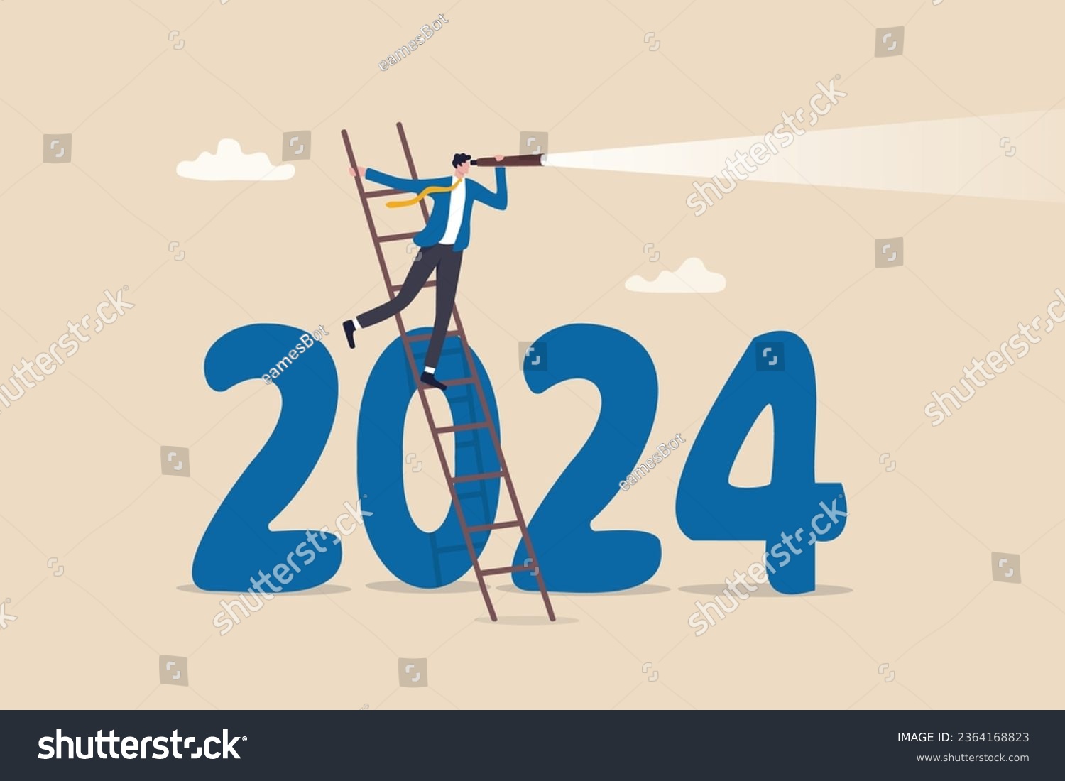 SVG of Year 2024 business outlook, forecast or plan ahead, vision for future success, new year goal or achievement, company target or hope concept, businessman climb up on year 2024 to see business outlook. svg