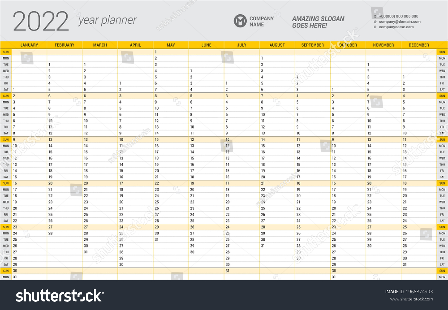 Year Calendar Planner Template 2022 Wall 库存矢量图（免版税）1968874903 Shutterstock 3076