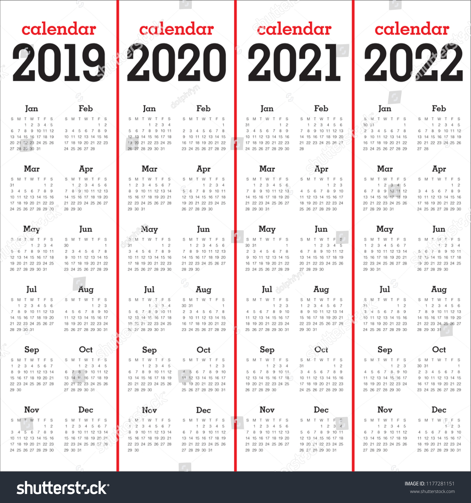Year 2019 2020 2021 2022 Calendar Stock Vector (Royalty Free) 1177281151