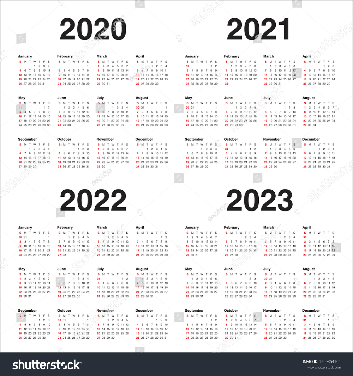 Year 2020 2021 2022 2023 Calendar Stock Vector (Royalty Free) 1500354104