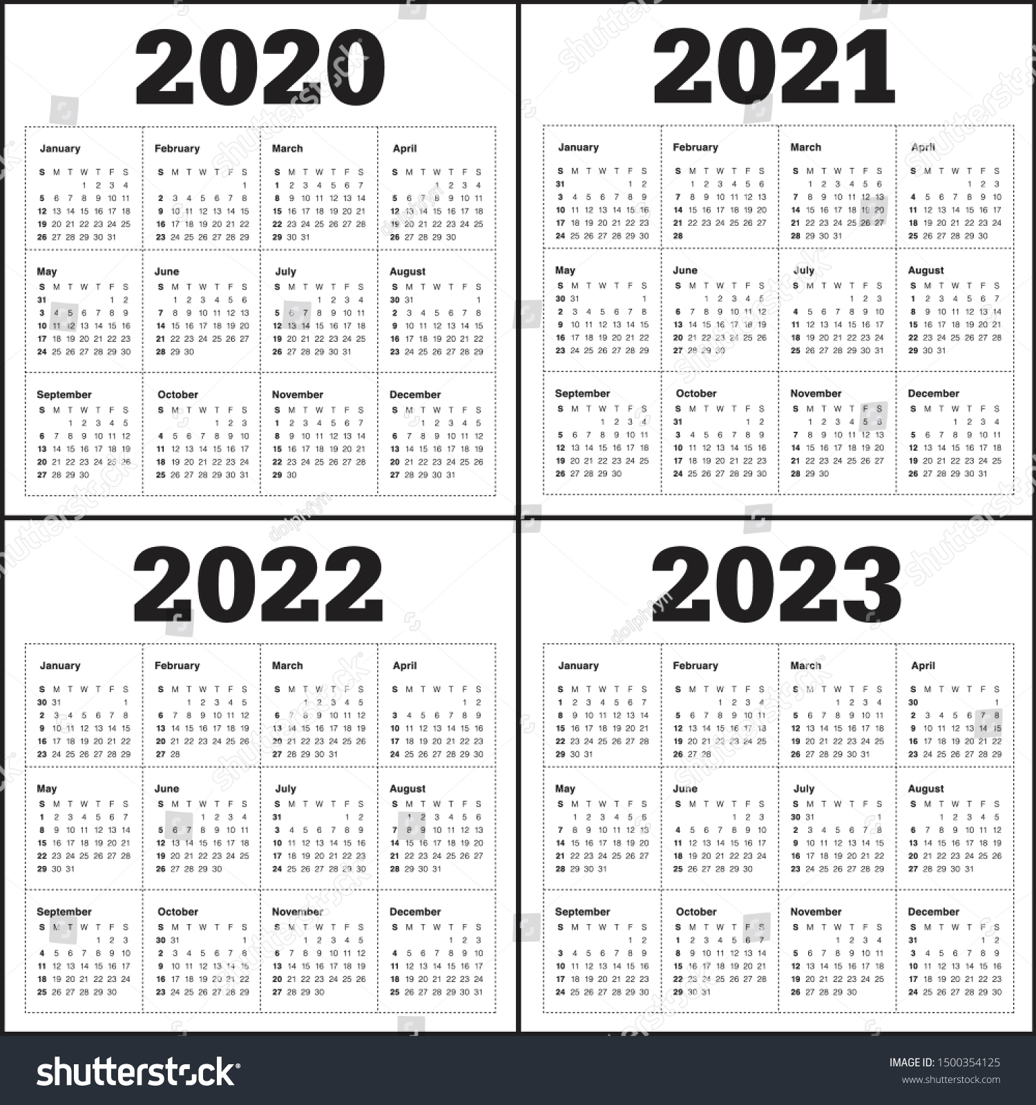 Year 2020 2021 2022 2023 Calendar Stock Vector (Royalty Free) 1500354125