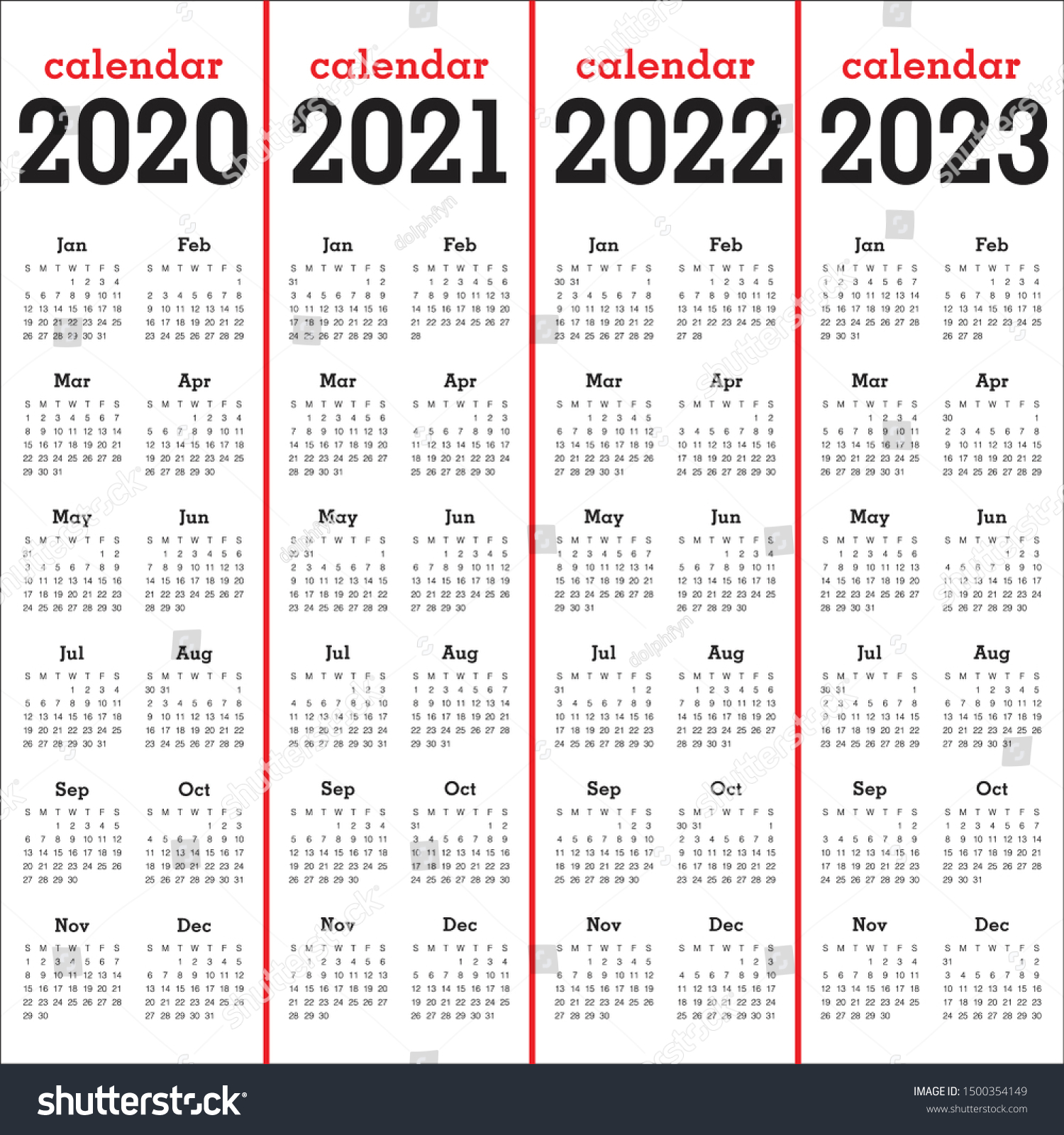 Year 2020 2021 2022 2023 Calendar Stock Vector (Royalty Free) 1500354149