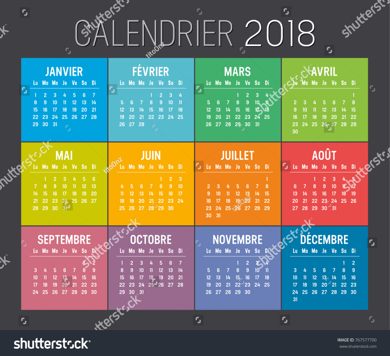 Year 18 Colorful Minimalist Calendar French Stock Vector Royalty Free