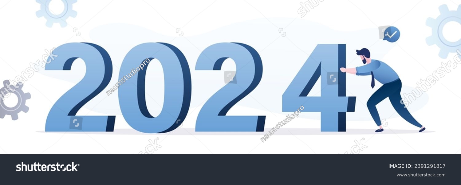 SVG of Year 2024 hope, new year resolution or success opportunity, change to new innovation business, overcome business difficulty concept, ambitious businessman push giant number. New 2024 year. flat vector svg
