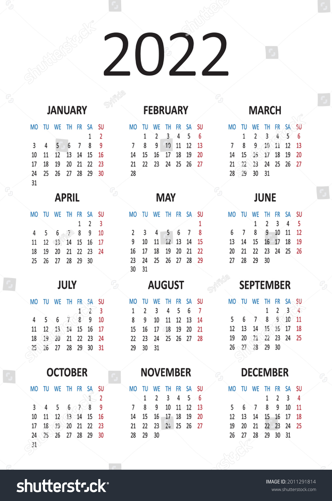Yearly Calendar 2022 Week Starts On Stock Vector (royalty Free 