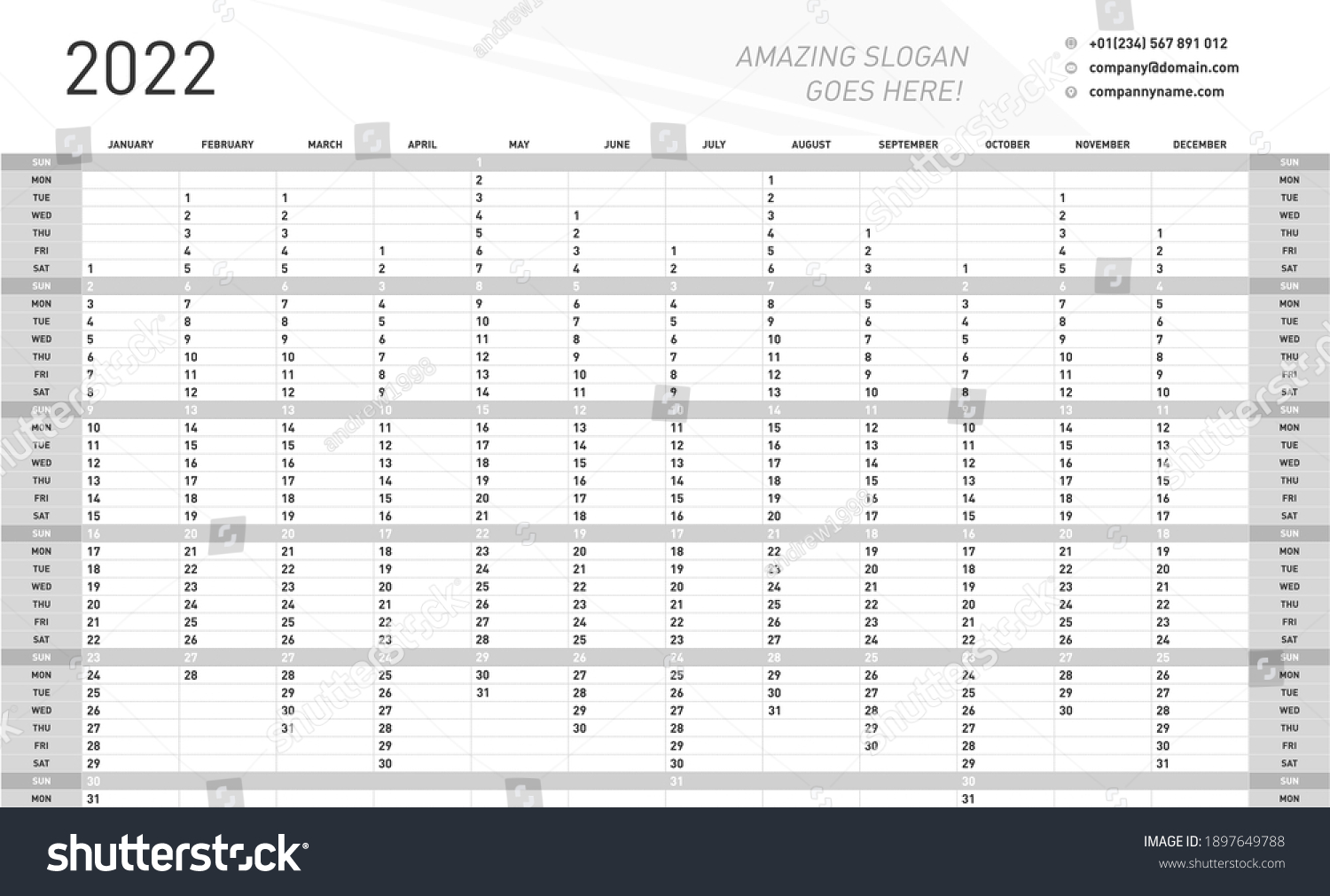 yearly wall calendar planner template 2022 stock vector royalty free 1897649788 shutterstock