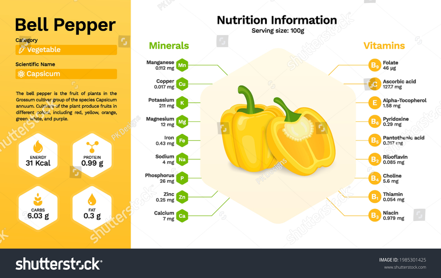 Yellow Bell Pepper Vegetable Nutritional Properties Stock Vector