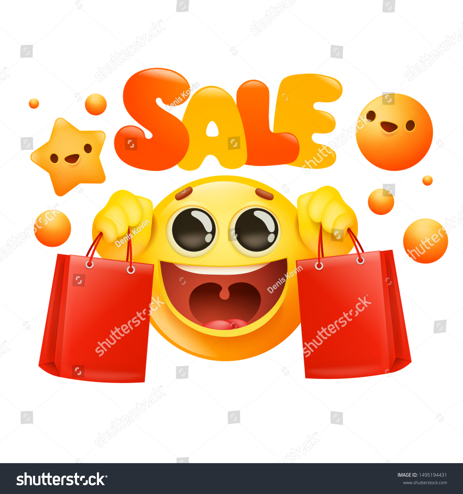 SVG of Yellow cartoon emoji character with bag in hands. Internet shopping concept card. Vector illustration svg