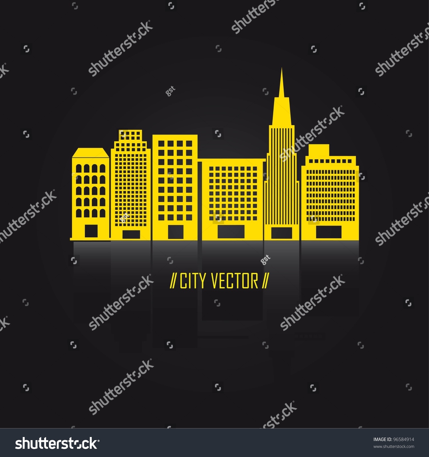 Yellow City With Shadow Over Black Background. Vector Illustration ...