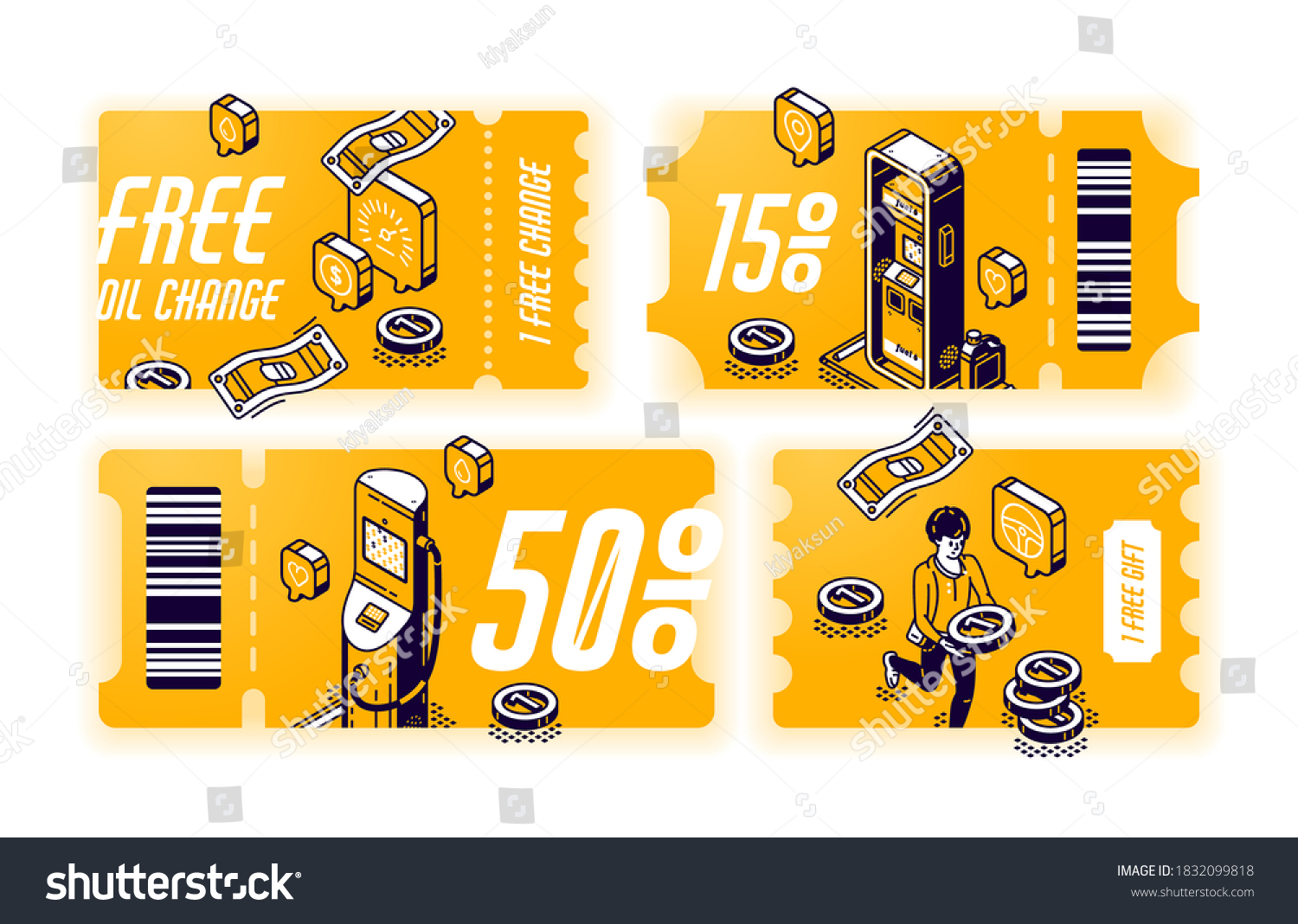 SVG of Yellow coupons for free oil change, vouchers with gift or discount for car service. Vector set of certificates with isometric illustration of gas station. Tickets with offer for vehicle maintenance svg