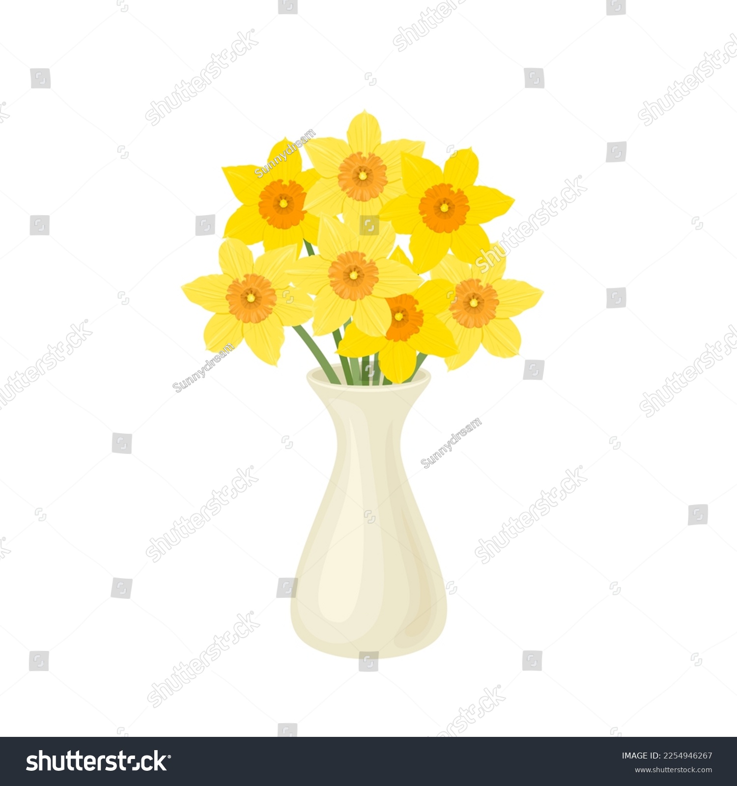 SVG of Yellow daffodils in a white vase isolated. Vector cartoon illustration of beautiful spring flowers. svg