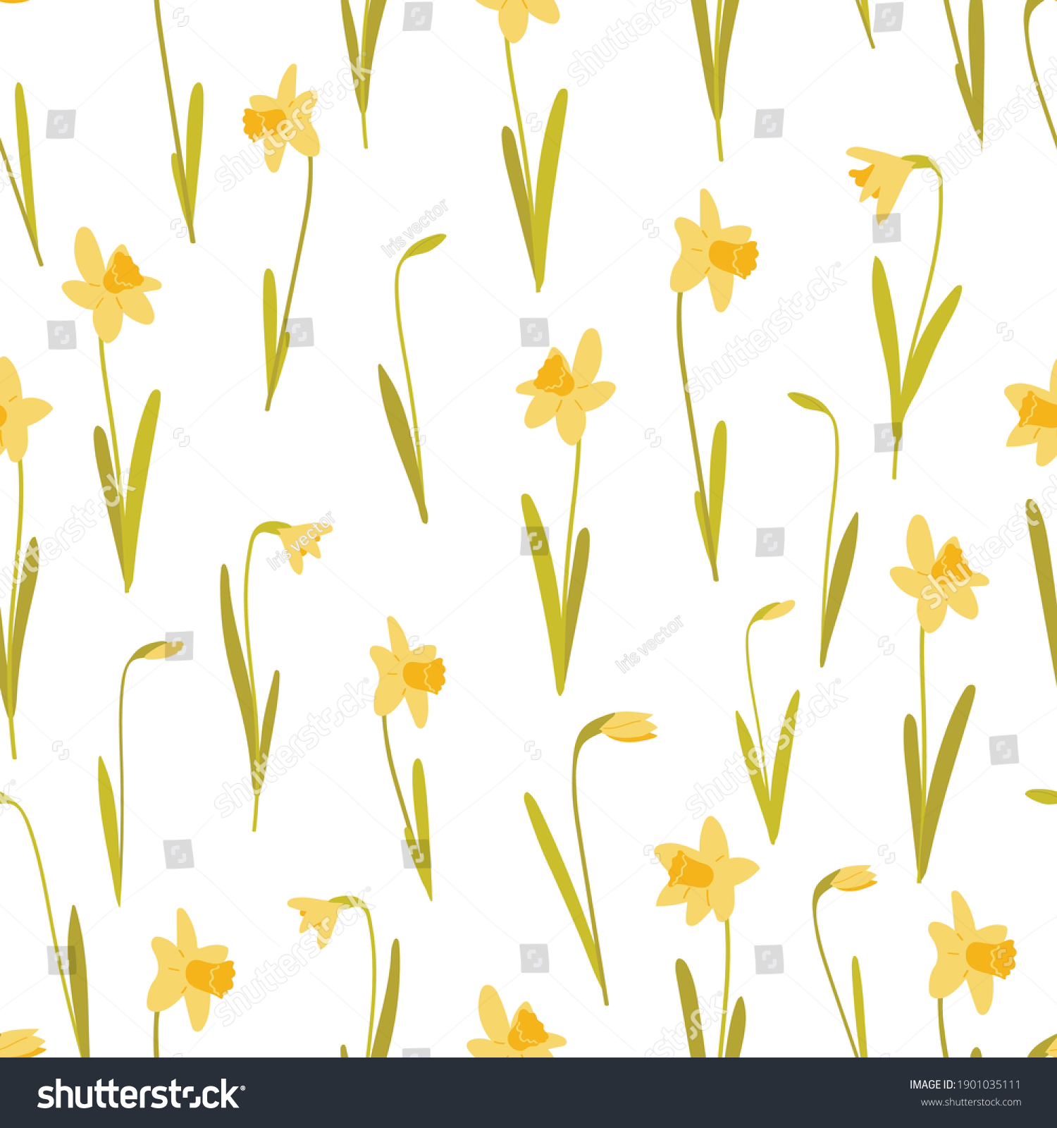 SVG of Yellow daffodils seamless pattern on white background. Beautiful spring flowers. Use for textile, postcards,wallpaper, wrapping paper. Vector illustration in flat style. svg