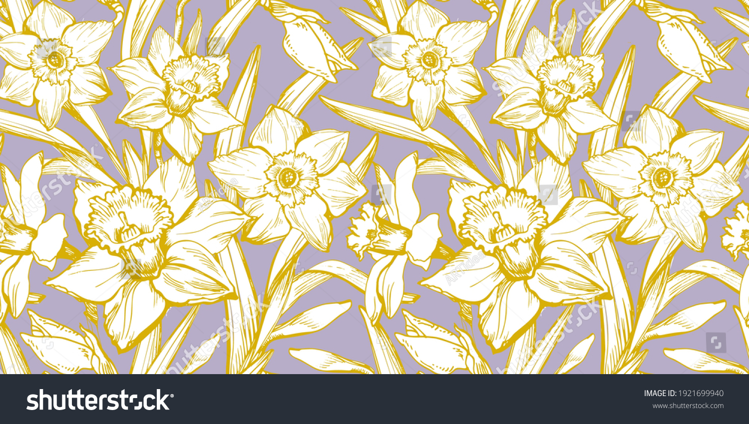 SVG of Yellow Illuminating hand drawn white silhouettes of flowers Narcissus and leaves on pastel background. Floral trendy seamless pattern with daffodil in full bloom for textile, wallpaper, bedding. svg