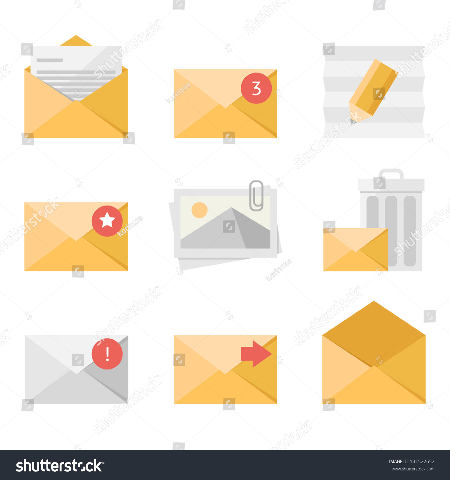 Yellow Mail Icon Set Flat Design Stock Vector Royalty Free 141522652