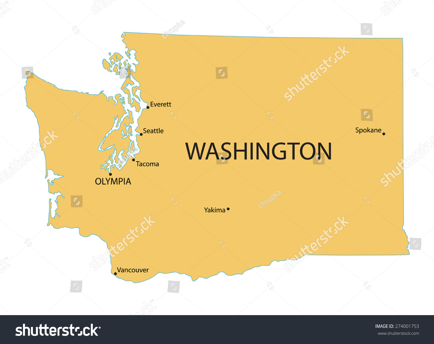 Yellow Map Washington Indication Largest Cities Stock Vector Royalty Free 274001753