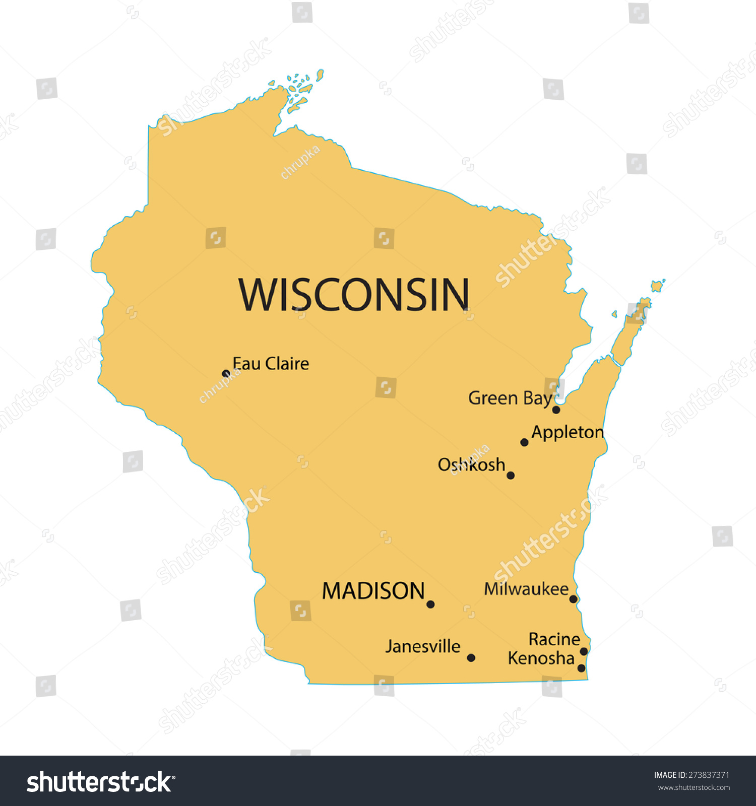 Wisconsin Map With Cities Yellow Map Wisconsin Indication Largest Cities Stock Vector (Royalty Free)  273837371