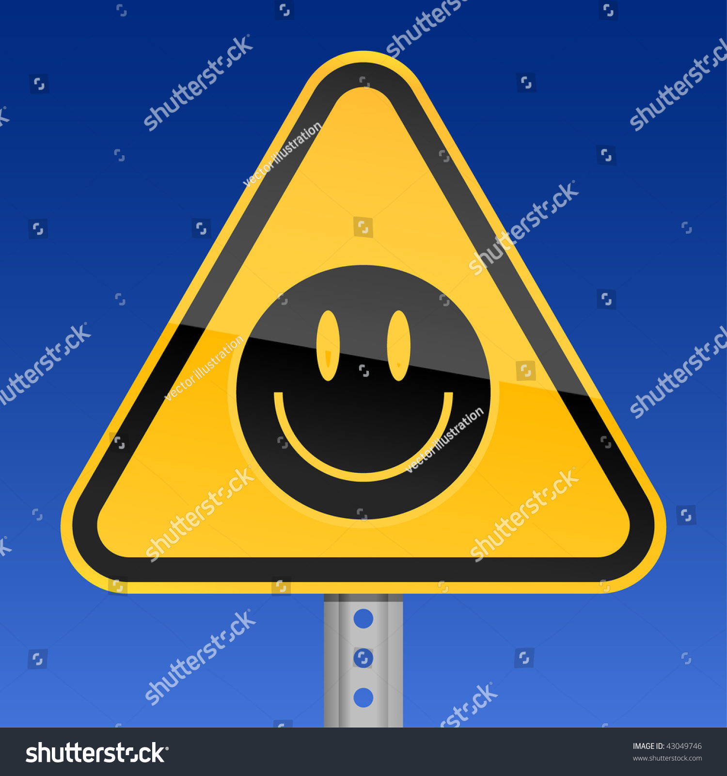 Yellow Road Warning Sign With Black Smiley Face Symbol On Sky ...