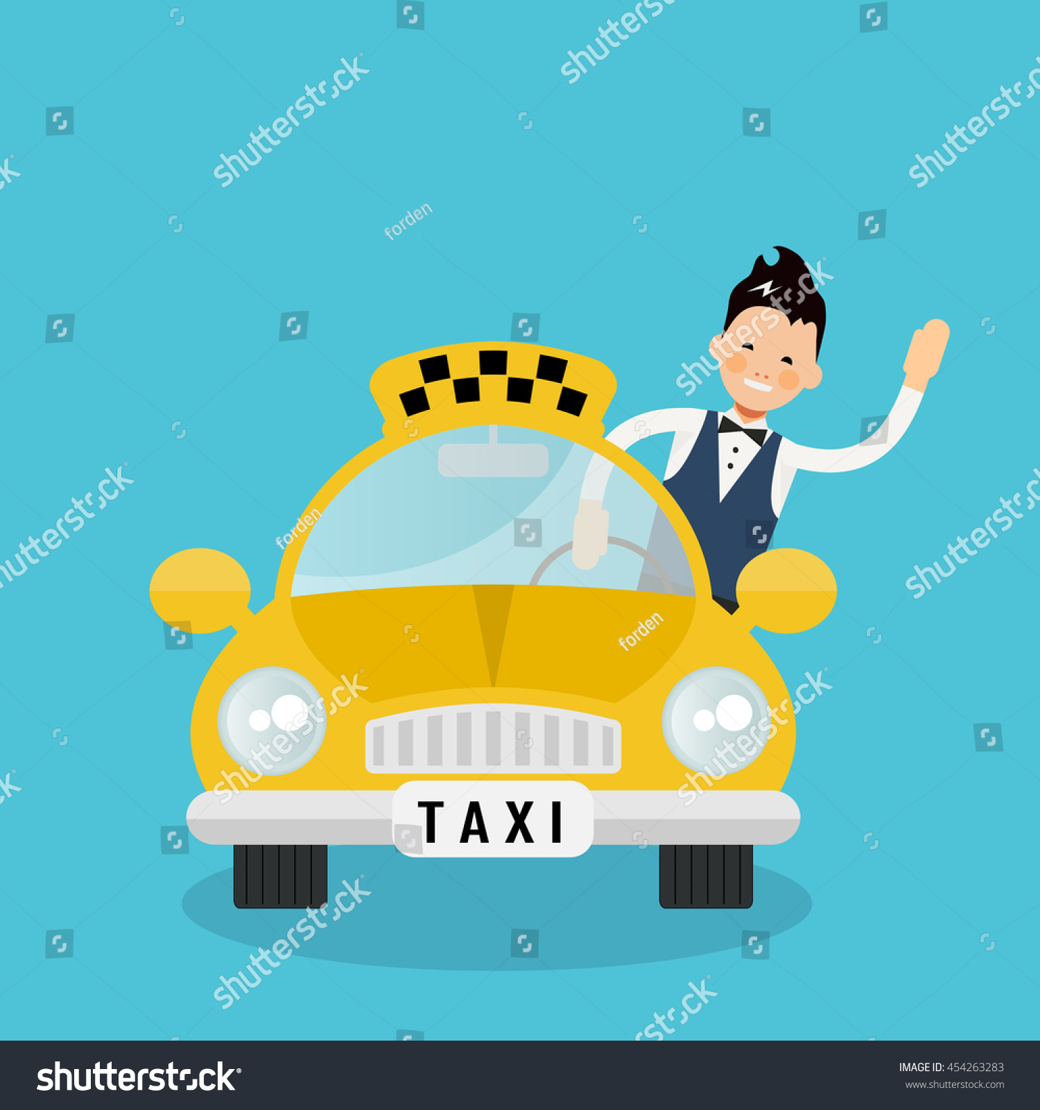 Yellow Taxi Car - Vector Icon. Funny Vector Character - Taxi Driver ...