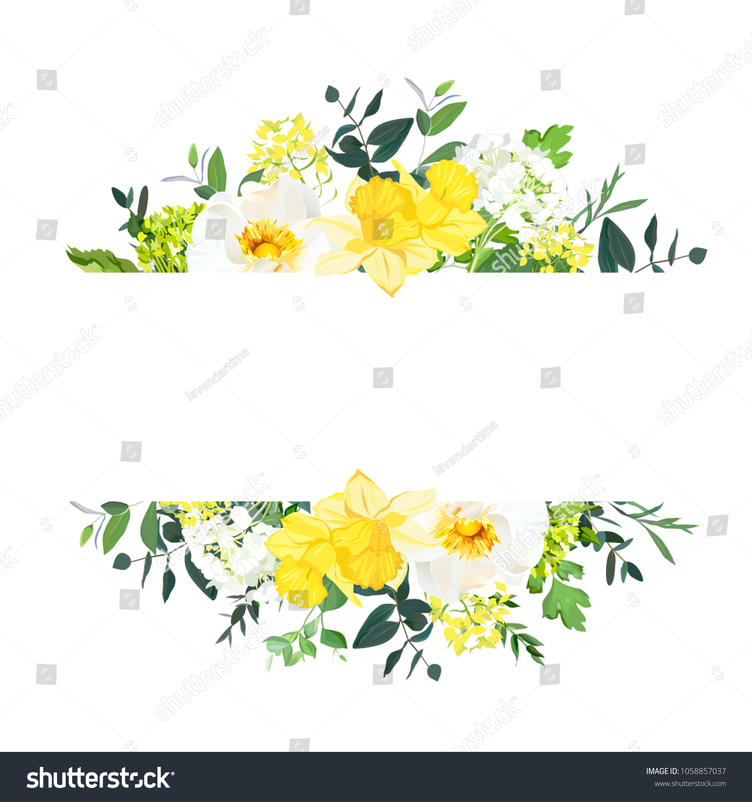 SVG of Yellow wedding horizontal botanical vector design banner. Daffodil, wild rose, white and green hydrangea, eucalyptus and wildflowers.Composition isolated on white background. All elements are editable svg