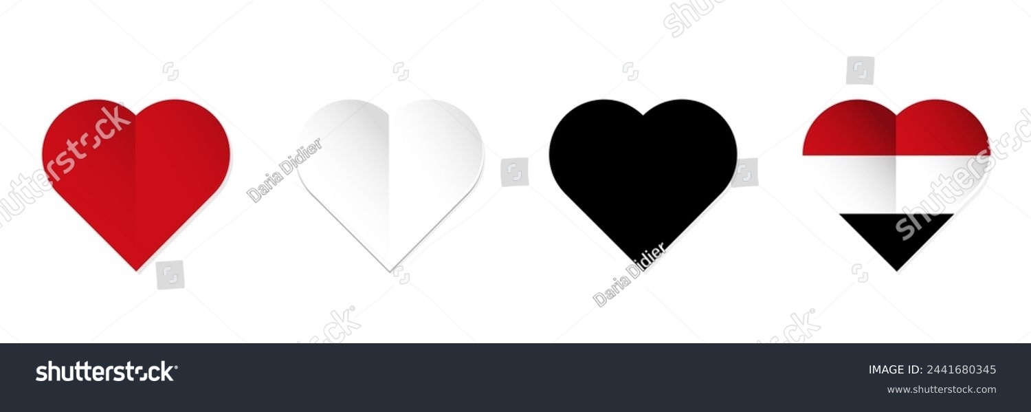 SVG of Yemen flag in heart shape. Set of hearts with Yemen flag colors. Vector illustration isolated on white background. svg