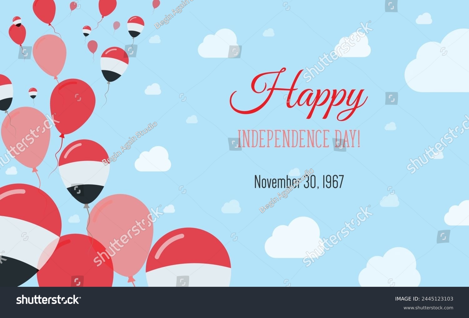 SVG of Yemen Independence Day Sparkling Patriotic Poster. Row of Balloons in Colors of the Yemeni Flag. Greeting Card with National Flags, Blue Skyes and Clouds. svg