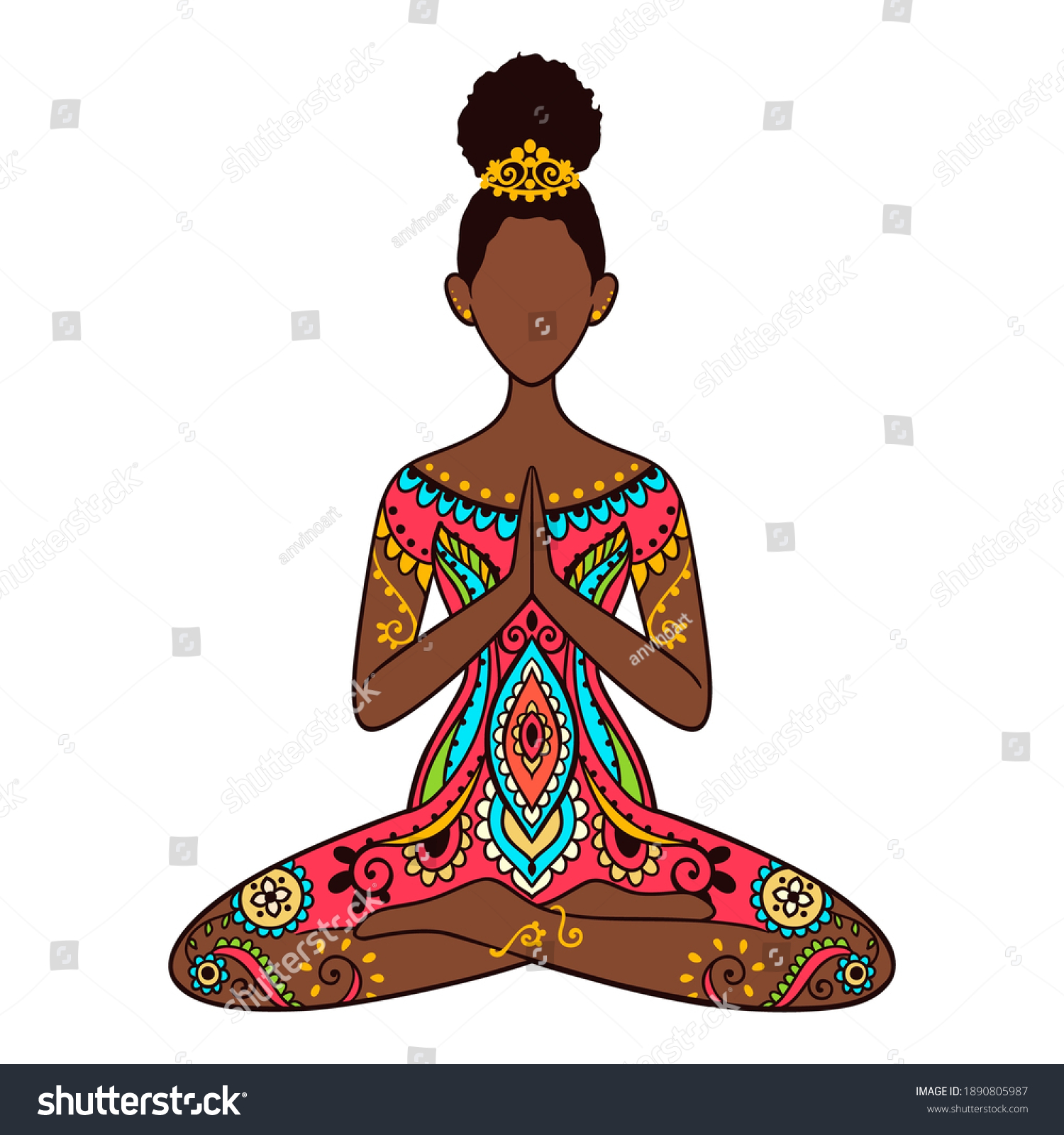SVG of Yoga girl. African american woman doing yoga. 
Ornament Meditation pose. India ethnic vector illustration style. Black woman lotus Yoga pose with mandala
 svg