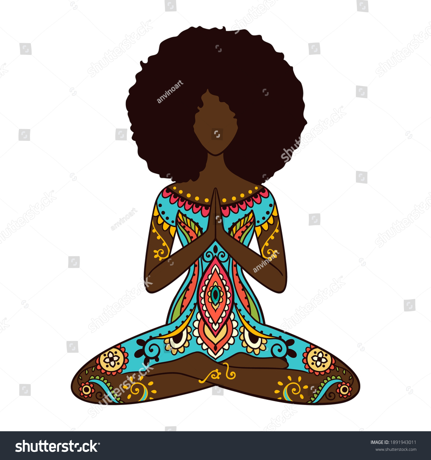 SVG of Yoga girl. African american woman doing yoga. 
Ornament Meditation pose. India ethnic vector illustration style. Black woman lotus Yoga pose 
 svg