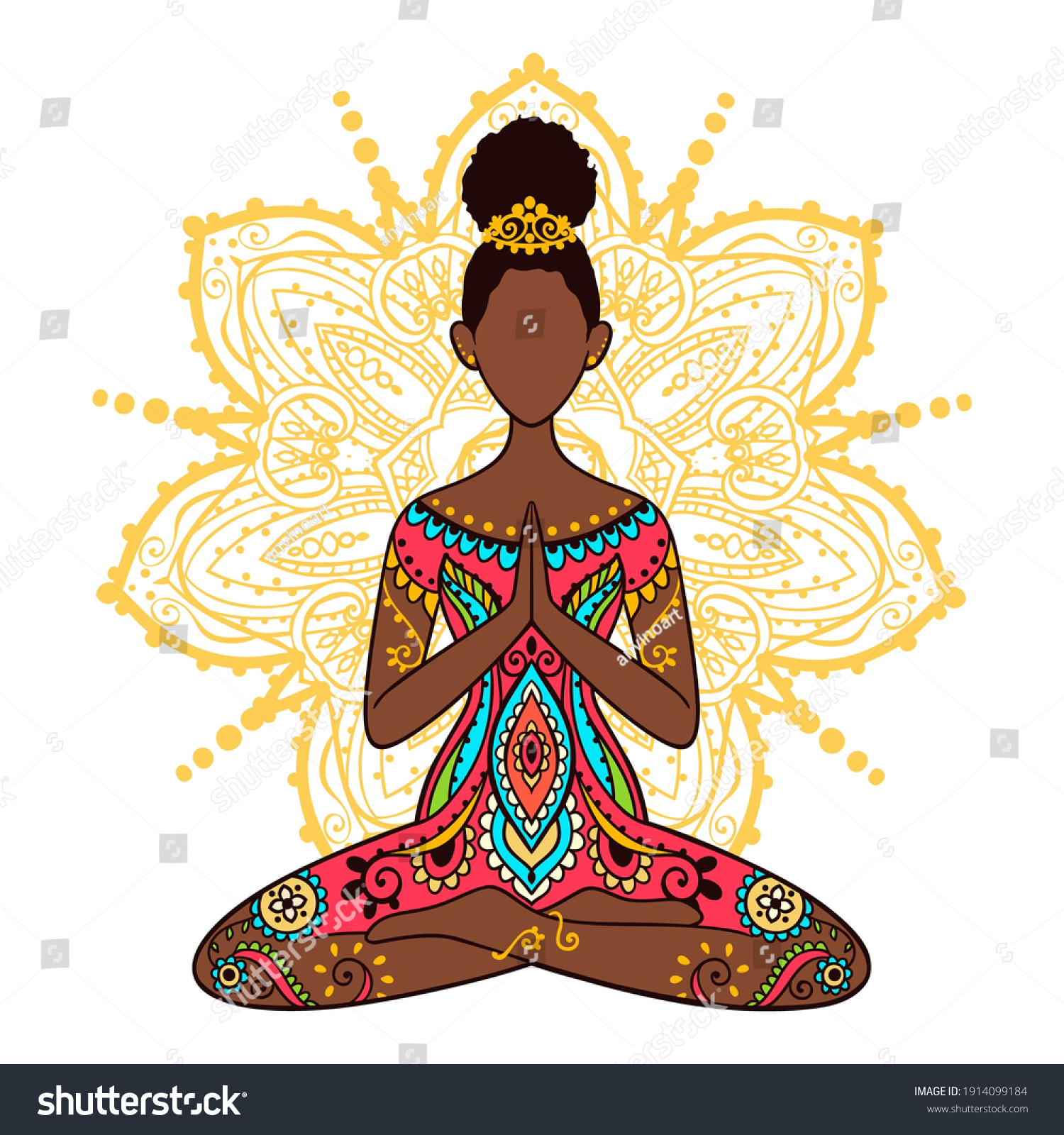SVG of Yoga girl. African american woman doing yoga. 
Ornament Meditation pose. India ethnic vector illustration style. Black woman lotus Yoga pose with mandala

 svg