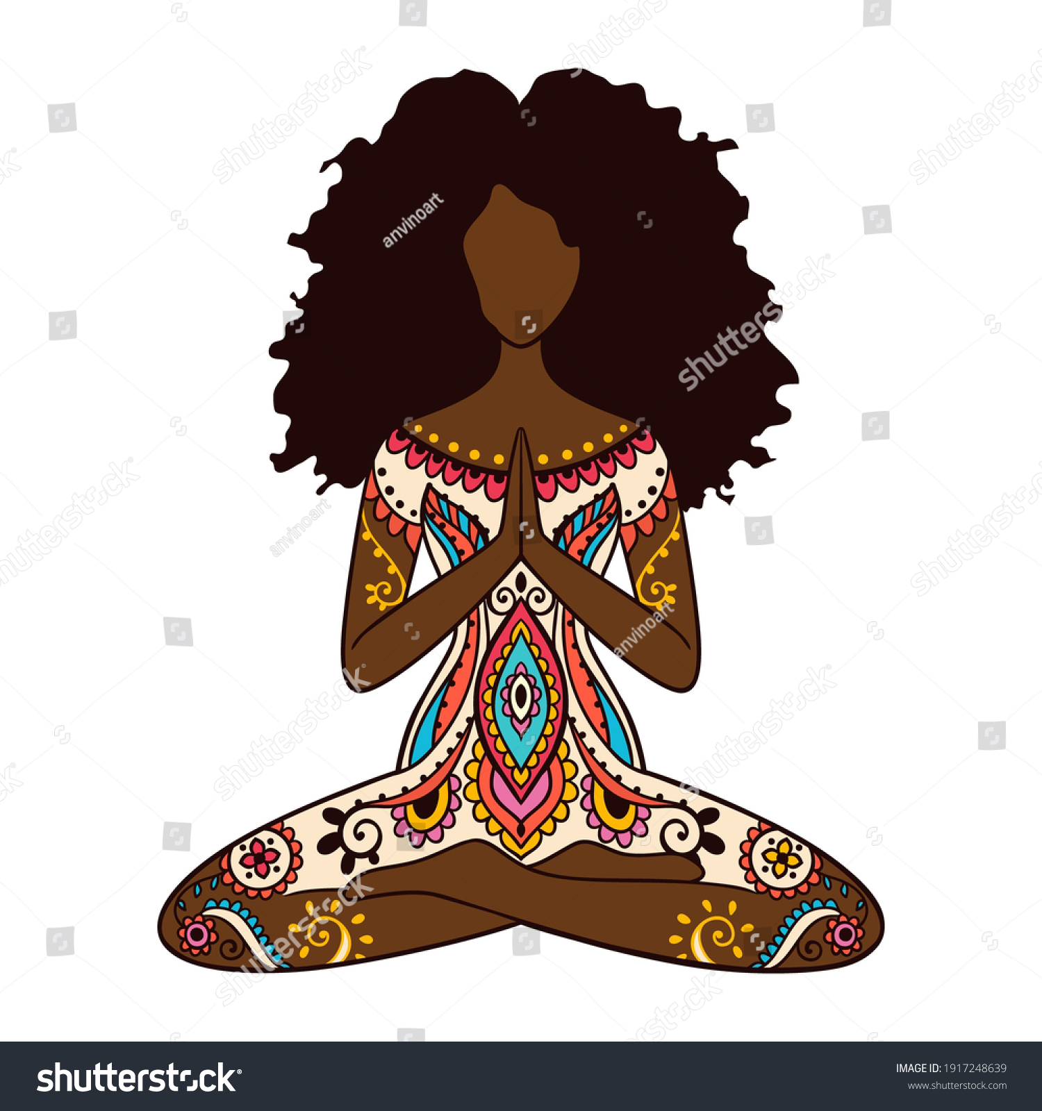 SVG of Yoga girl. African american woman doing yoga. Ornament Meditation pose. India ethnic vector illustration style. Black woman lotus Yoga pose 
 svg