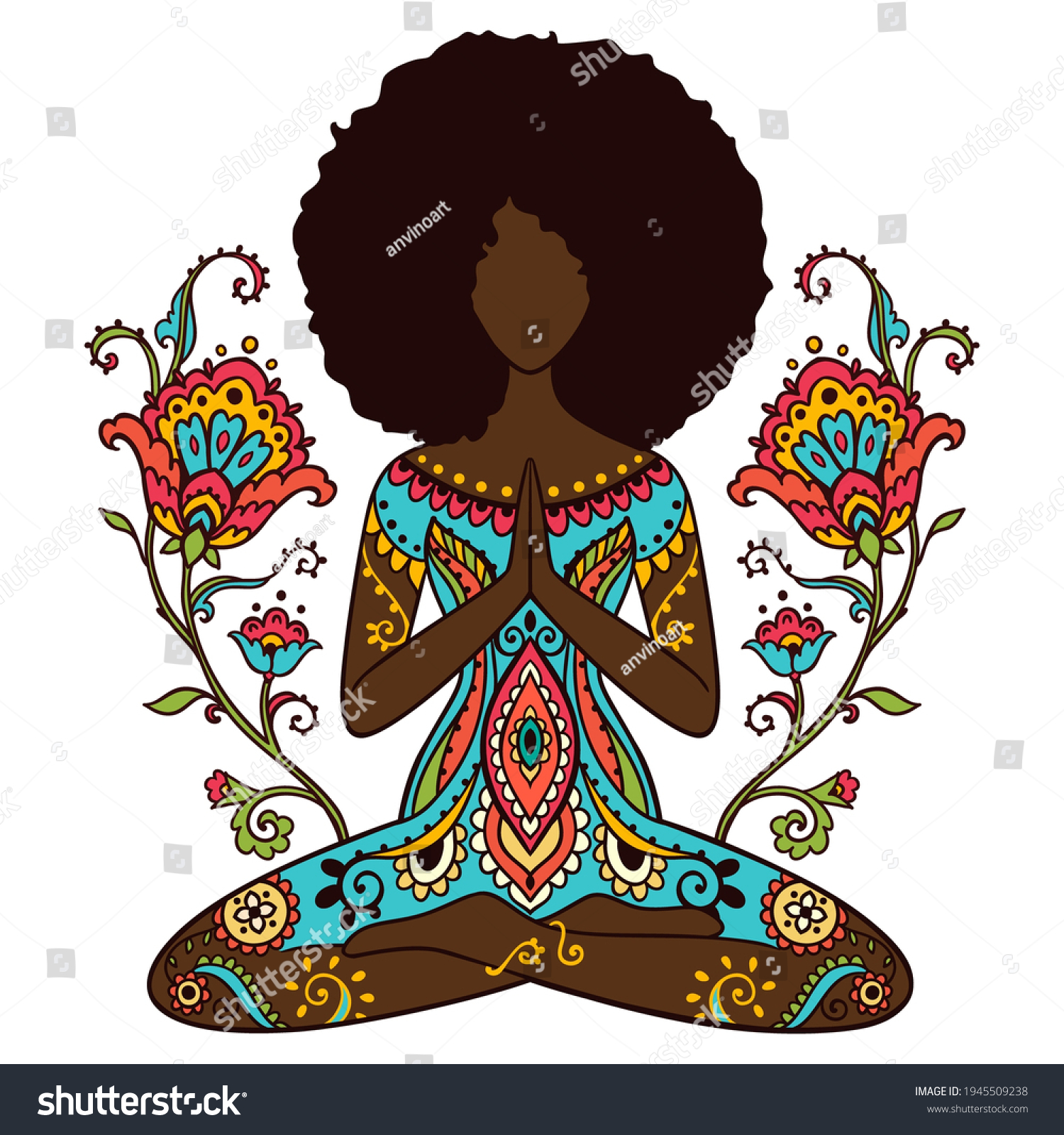 SVG of Yoga girl. African american woman doing yoga. Ornament Meditation pose. India ethnic vector illustration style. Black woman lotus Yoga pose with flowers
 svg